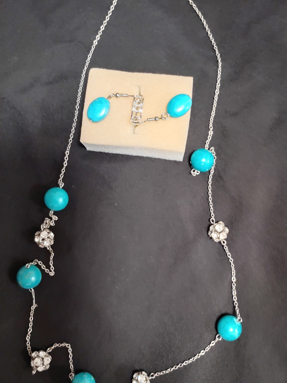 Turquoise Bead and Silver Chain Necklace with Matching Earrings - Women Jewelry